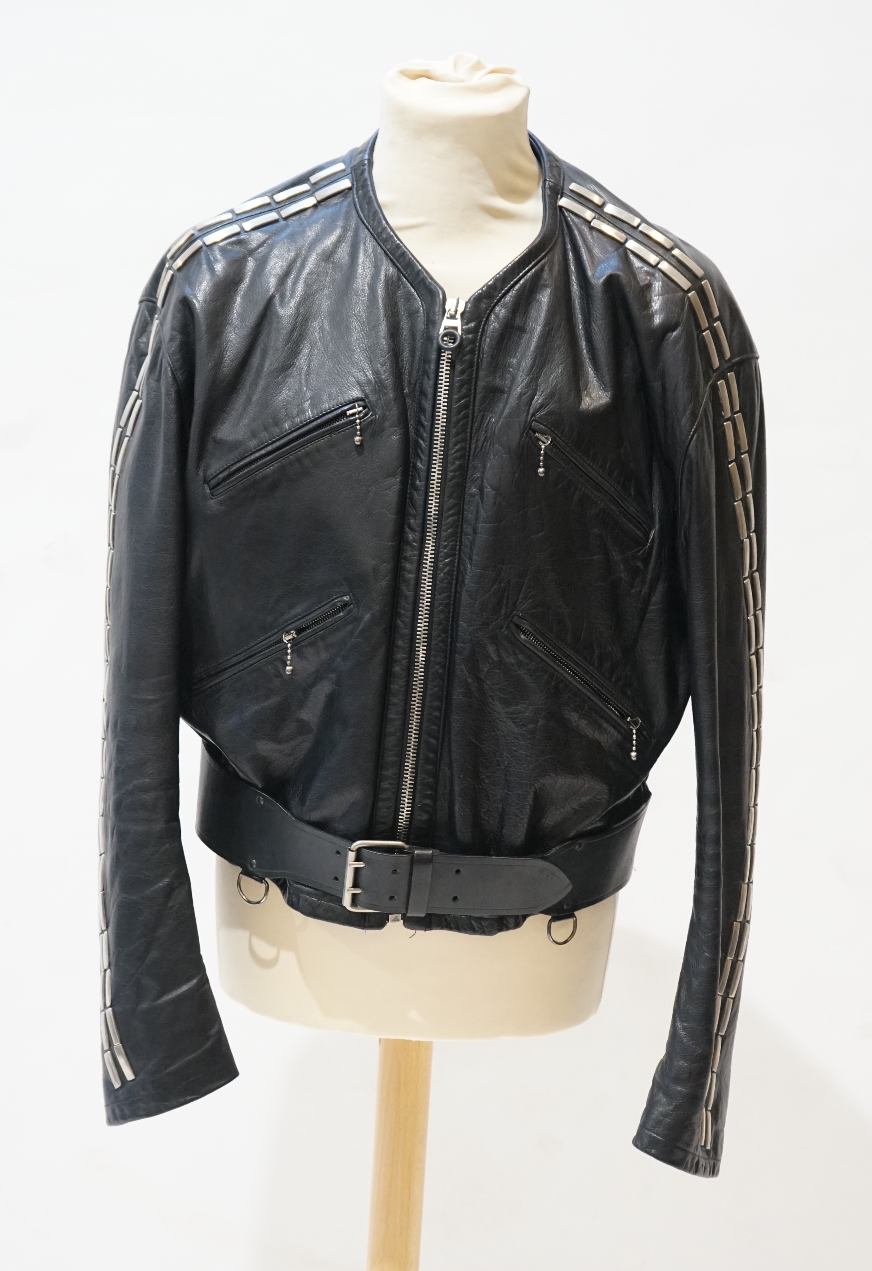 A gentleman's Calugi e Giannelli black leather jacket with metal appliques to the sleeves, size 52 (UK 48)